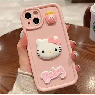 Case Rosado Hello Kitty Apliques Protc. Cámaras Iphone14