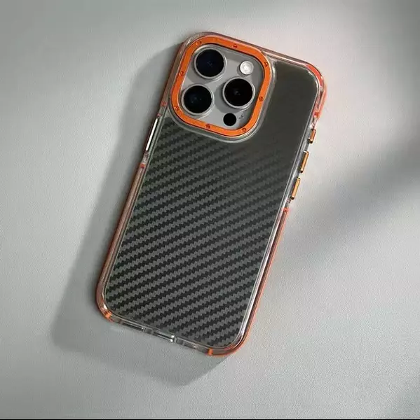 Case Borde Naranja Fibra Carbono Soporte Cámara Iphone14pro+