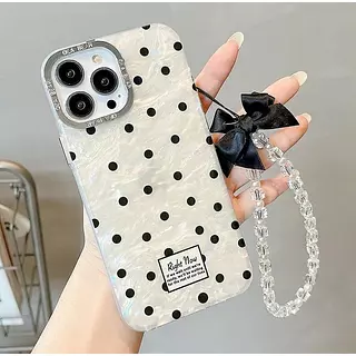 Case Nácar Puntos Negros Con Strap Iphone14pro+