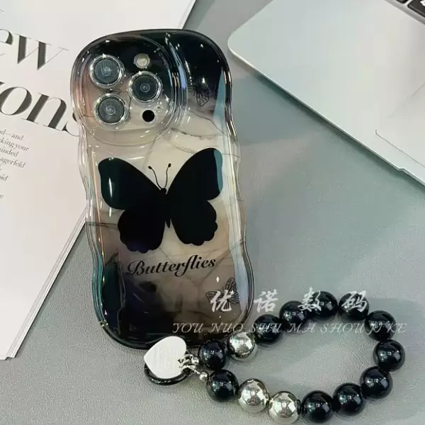 Case Mariposa Negro + Strap Con Soporte Negro Iphone 13 Pro+