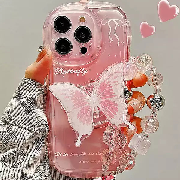 Case Mariposa Rosado Popsocket + Strap Iphone 14 Pro+