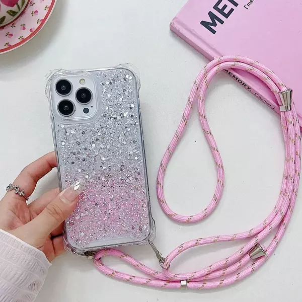 Case De Lujo Brillante Con Strap Rosado Para Iphone 16 Pro+