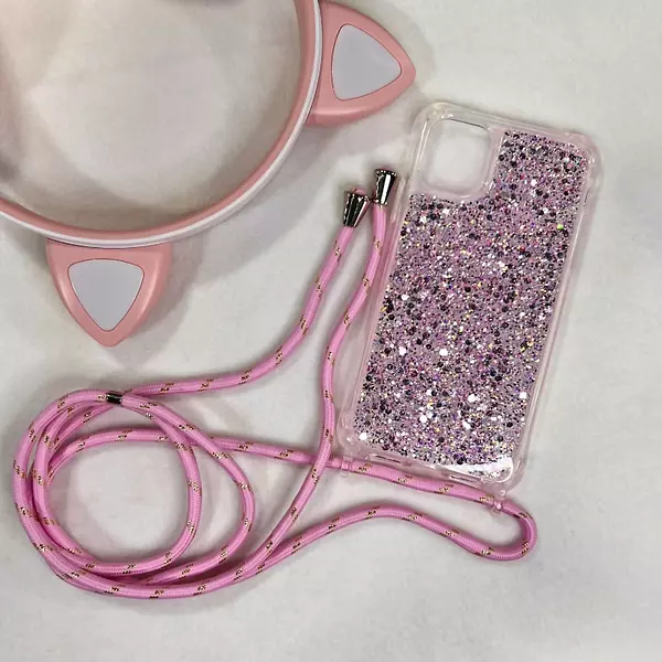 Case Lujo Brillante Con Strap Rosado Iphone 14pro