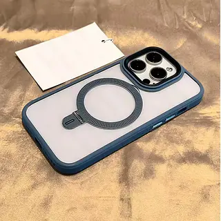 Case Transparente Magsafe Soporte Borde Azul Iphone 15pro+
