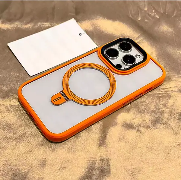 Case Transparente Magsafe Soporte Borde Naranja Iphone15pro+