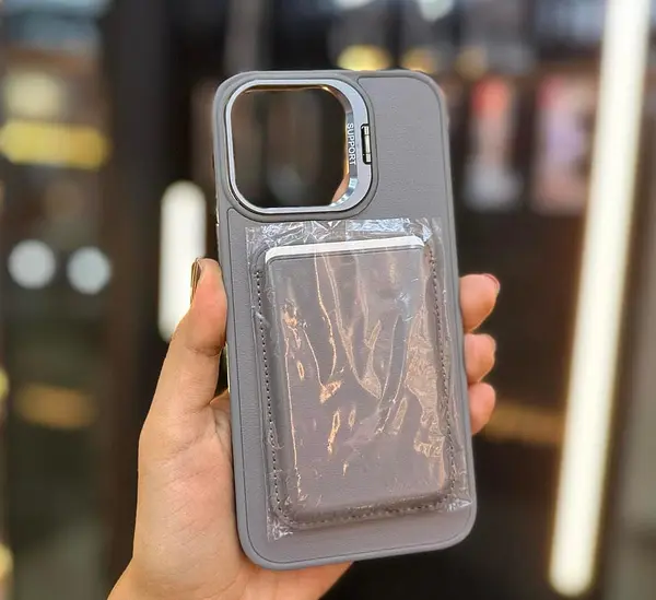 Case Magsafe Soporte Tarjetero Cuero Gris Iphone 16pro+