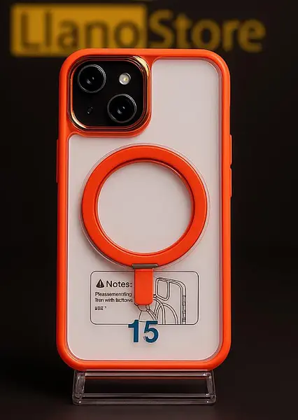 Case Magsafe Soporte Transparente Borde Naranja Iphone 15