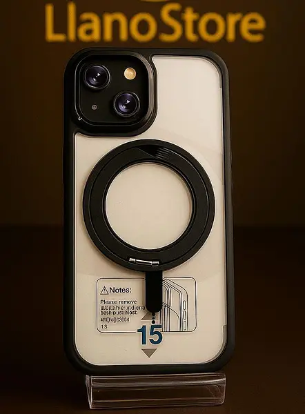 Case Magsafe Soporte Transparente Borde Negro Iphone 15